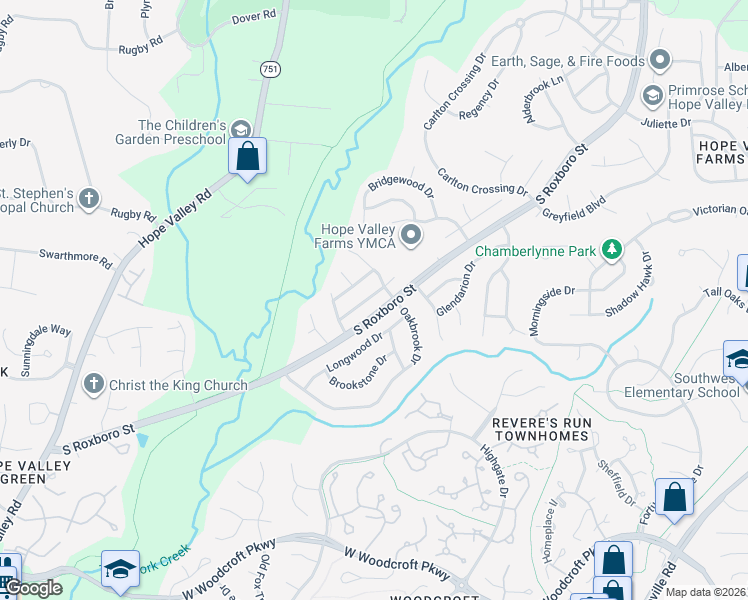 map of restaurants, bars, coffee shops, grocery stores, and more near 5107 Starcross Lane in Durham