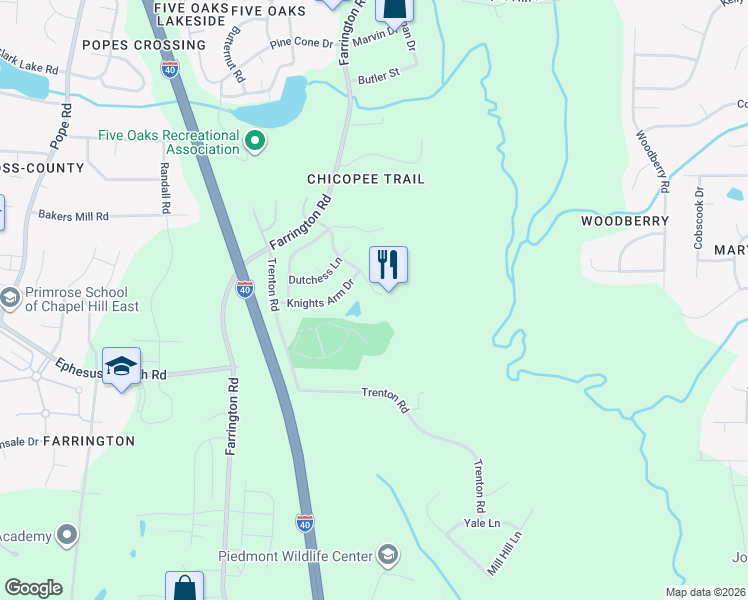 map of restaurants, bars, coffee shops, grocery stores, and more near 4703 Knights Arm Drive in Durham