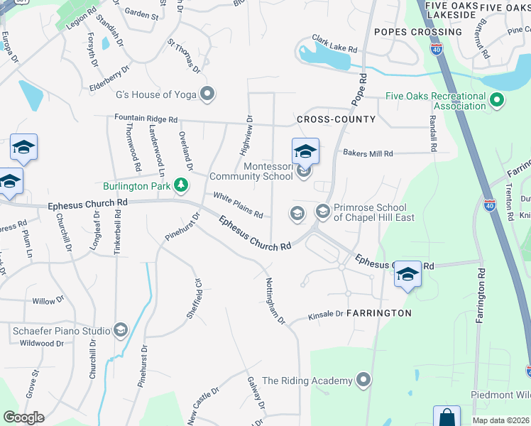 map of restaurants, bars, coffee shops, grocery stores, and more near 511 Colony Woods Drive in Chapel Hill