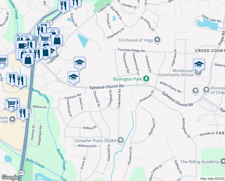 map of restaurants, bars, coffee shops, grocery stores, and more near 601 Longleaf Drive in Chapel Hill