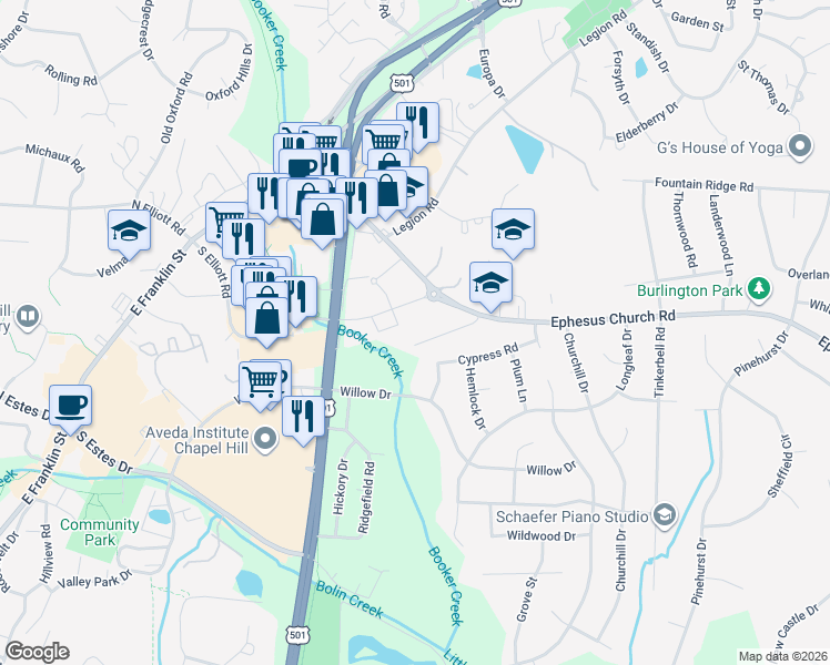 map of restaurants, bars, coffee shops, grocery stores, and more near 625 South Elliott Road in Chapel Hill