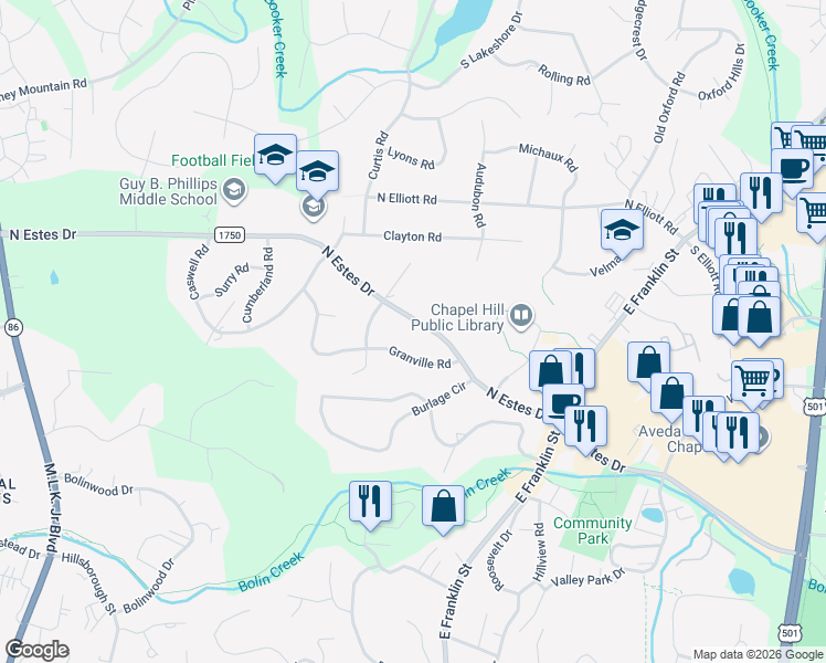 map of restaurants, bars, coffee shops, grocery stores, and more near 310 State Road 1750 in Chapel Hill