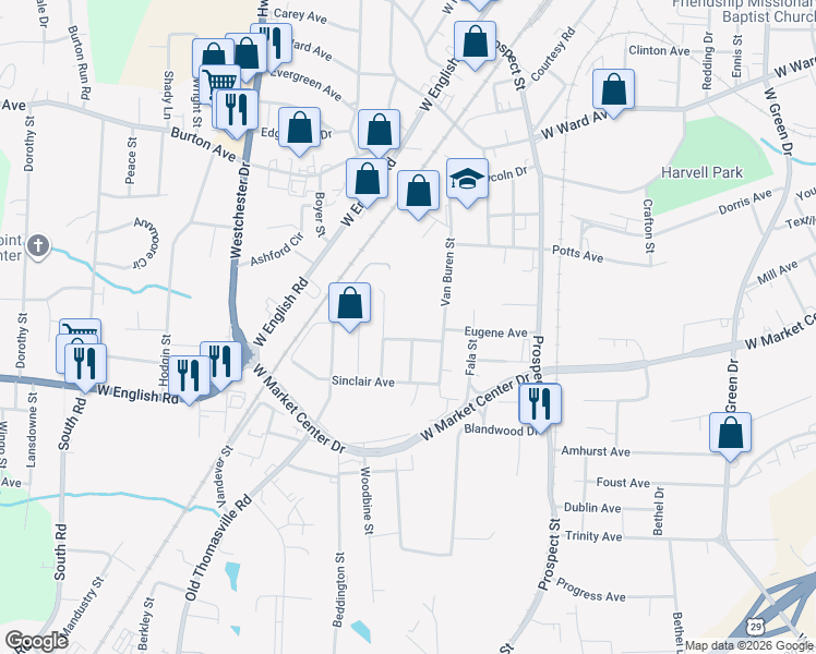 map of restaurants, bars, coffee shops, grocery stores, and more near 1900 Eugene Avenue in High Point