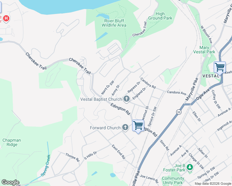 map of restaurants, bars, coffee shops, grocery stores, and more near 1207 Army Street in Knoxville