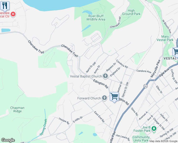map of restaurants, bars, coffee shops, grocery stores, and more near 1219 Navy Drive Southwest in Knoxville