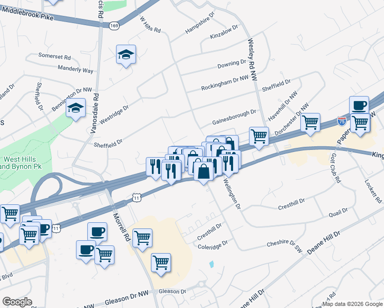 map of restaurants, bars, coffee shops, grocery stores, and more near 7215 Kennon Springs Lane in Knoxville