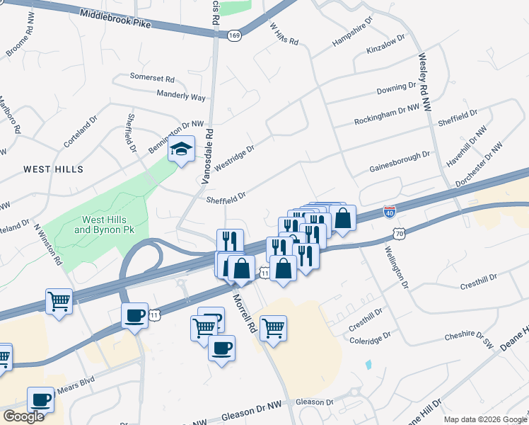 map of restaurants, bars, coffee shops, grocery stores, and more near 7381 Kennon Park Lane in Knoxville