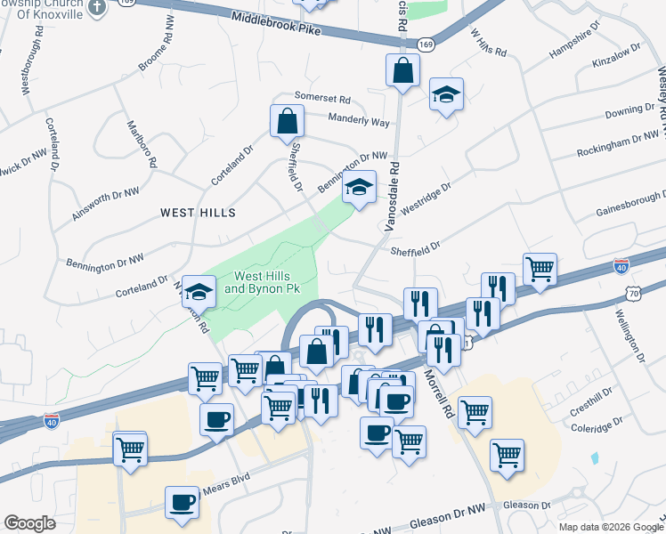 map of restaurants, bars, coffee shops, grocery stores, and more near 7625 Westdale Drive in Knoxville