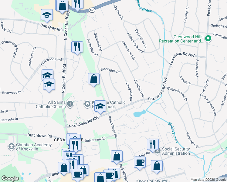 map of restaurants, bars, coffee shops, grocery stores, and more near 637 Fernwood Road in Knoxville