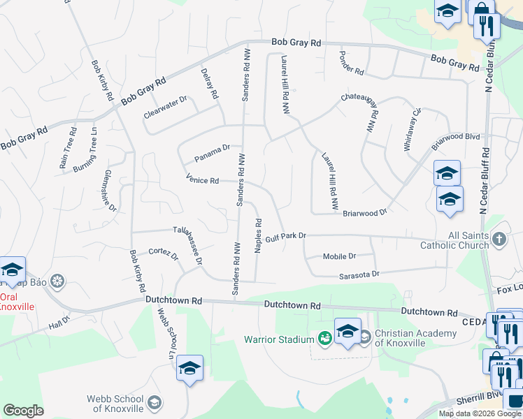 map of restaurants, bars, coffee shops, grocery stores, and more near 921 Venice Road Northwest in Knoxville