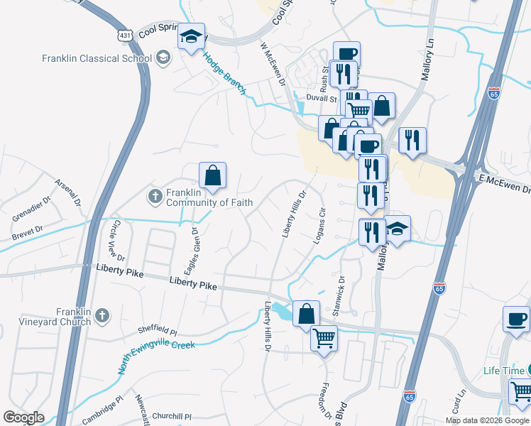 map of restaurants, bars, coffee shops, grocery stores, and more near 808 Gadsden Place in Franklin