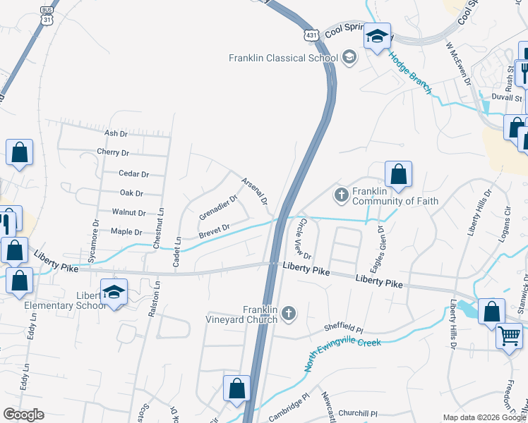 map of restaurants, bars, coffee shops, grocery stores, and more near 153 Arsenal Drive in Franklin