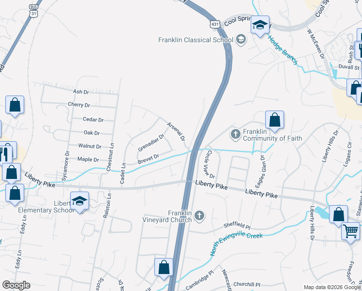 map of restaurants, bars, coffee shops, grocery stores, and more near 153 Arsenal Drive in Franklin