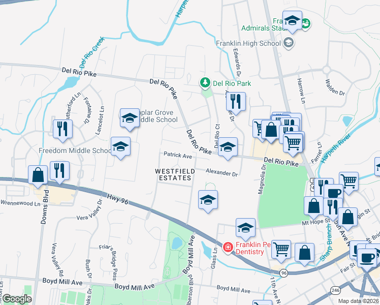 map of restaurants, bars, coffee shops, grocery stores, and more near 301 Patrick Avenue in Franklin