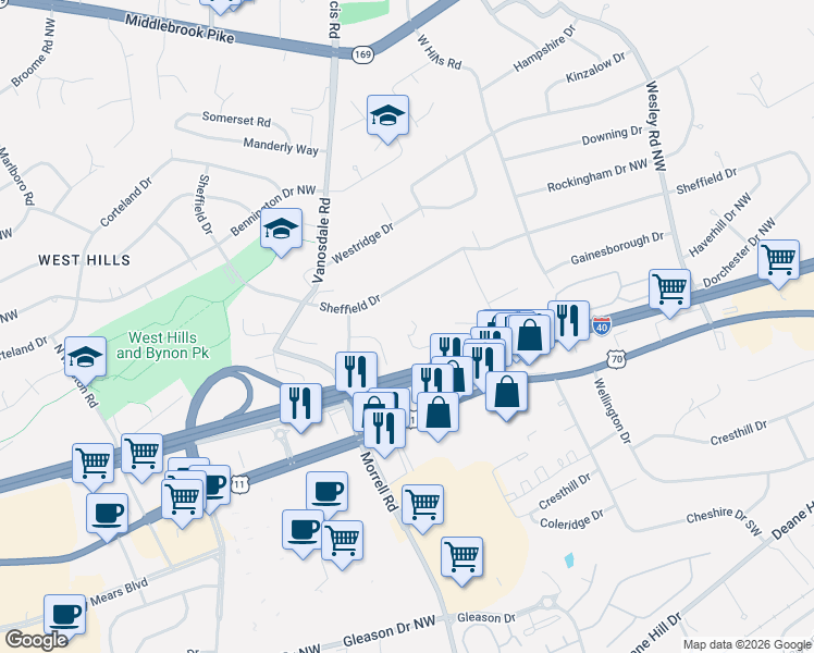 map of restaurants, bars, coffee shops, grocery stores, and more near 7381 Kennon Park Lane in Knoxville