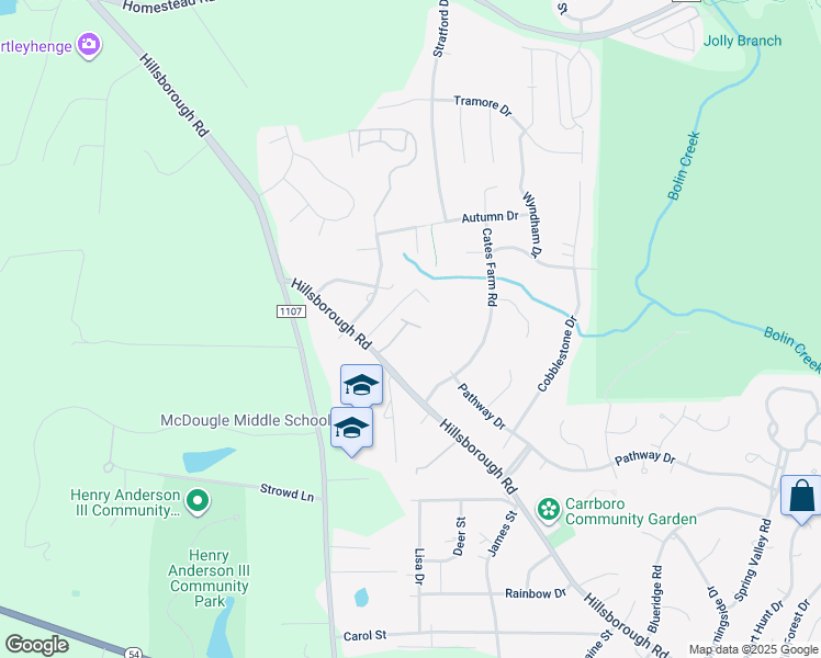 map of restaurants, bars, coffee shops, grocery stores, and more near 130 Sanderway Drive in Chapel Hill