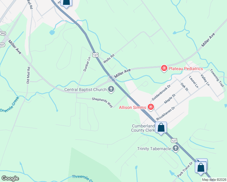 map of restaurants, bars, coffee shops, grocery stores, and more near 1346 South Main Street in Crossville