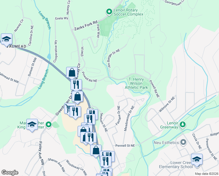 map of restaurants, bars, coffee shops, grocery stores, and more near 1145 Powell Road Northeast in Lenoir