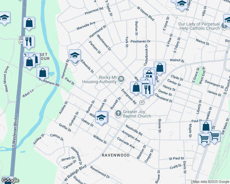 map of restaurants, bars, coffee shops, grocery stores, and more near 1201 Edwards Street in Rocky Mount