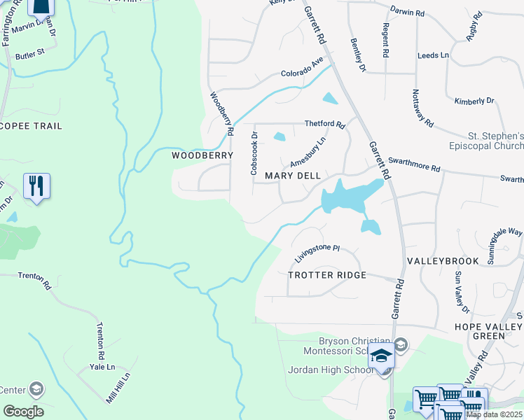 map of restaurants, bars, coffee shops, grocery stores, and more near 4314 Swarthmore Road in Durham