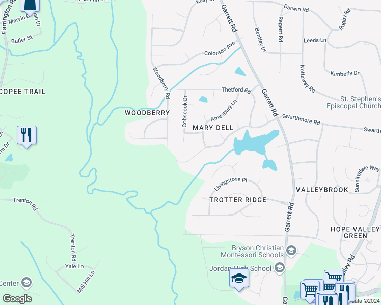map of restaurants, bars, coffee shops, grocery stores, and more near 4314 Swarthmore Road in Durham