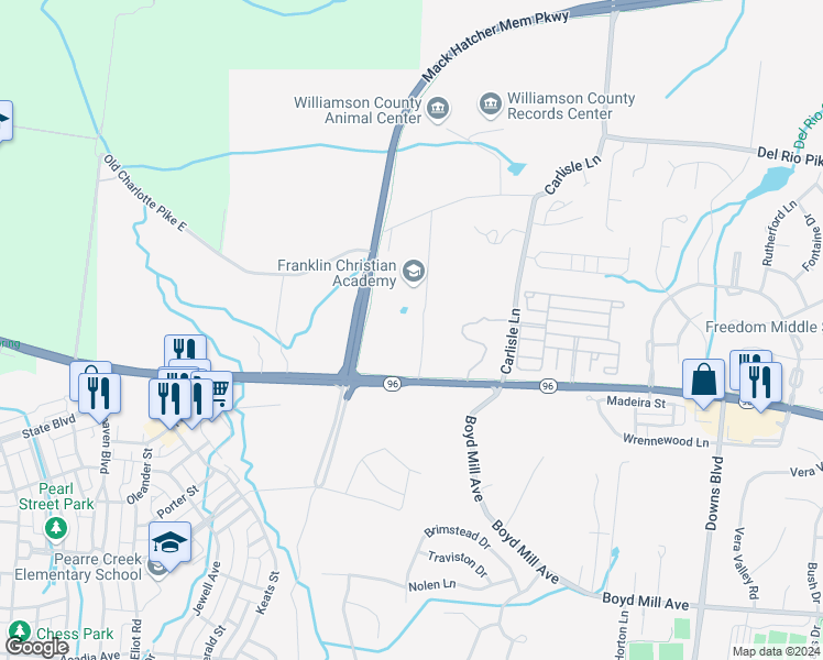 map of restaurants, bars, coffee shops, grocery stores, and more near 1015 Generations Way in Franklin