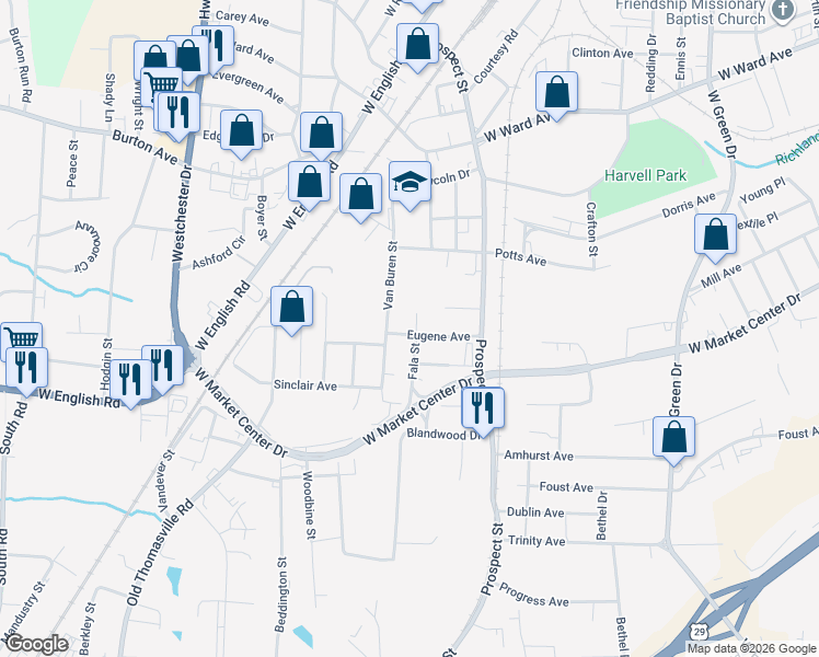 map of restaurants, bars, coffee shops, grocery stores, and more near 2303 Van Buren Street in High Point