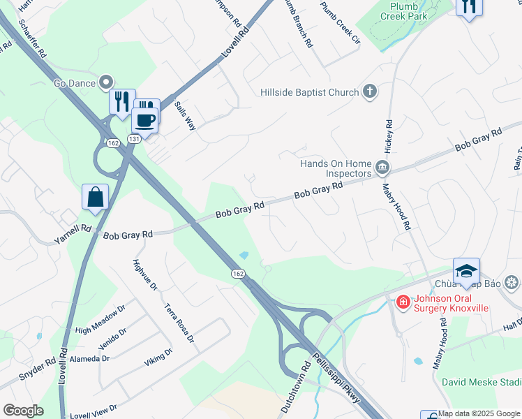 map of restaurants, bars, coffee shops, grocery stores, and more near 1136 Winterberry Lane in Knoxville