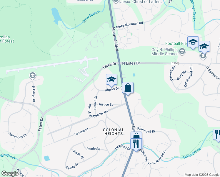 map of restaurants, bars, coffee shops, grocery stores, and more near 103 Airport Drive in Chapel Hill