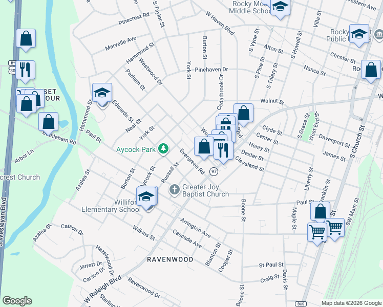 map of restaurants, bars, coffee shops, grocery stores, and more near 1107 Evergreen Road in Rocky Mount
