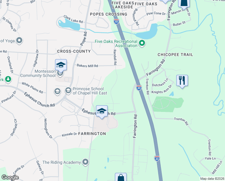 map of restaurants, bars, coffee shops, grocery stores, and more near 5336 Ephesus Church Road in Durham