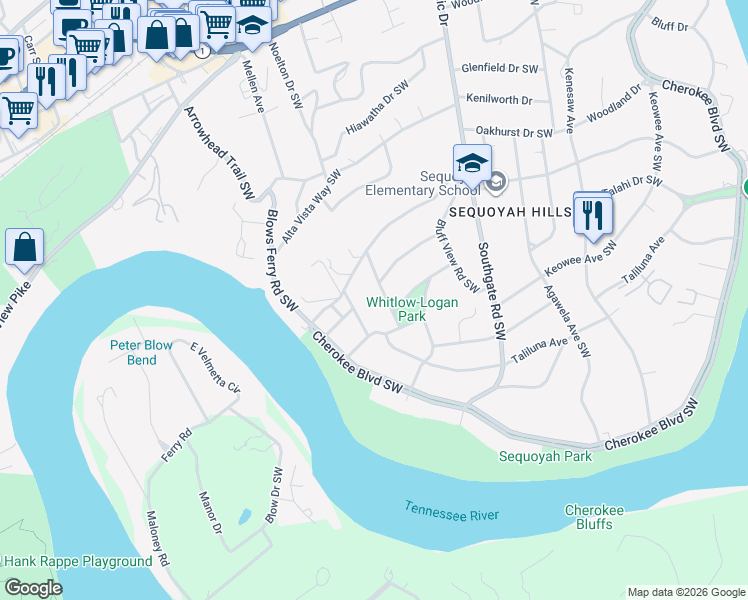 map of restaurants, bars, coffee shops, grocery stores, and more near 1001 Cedarhill Road in Knoxville