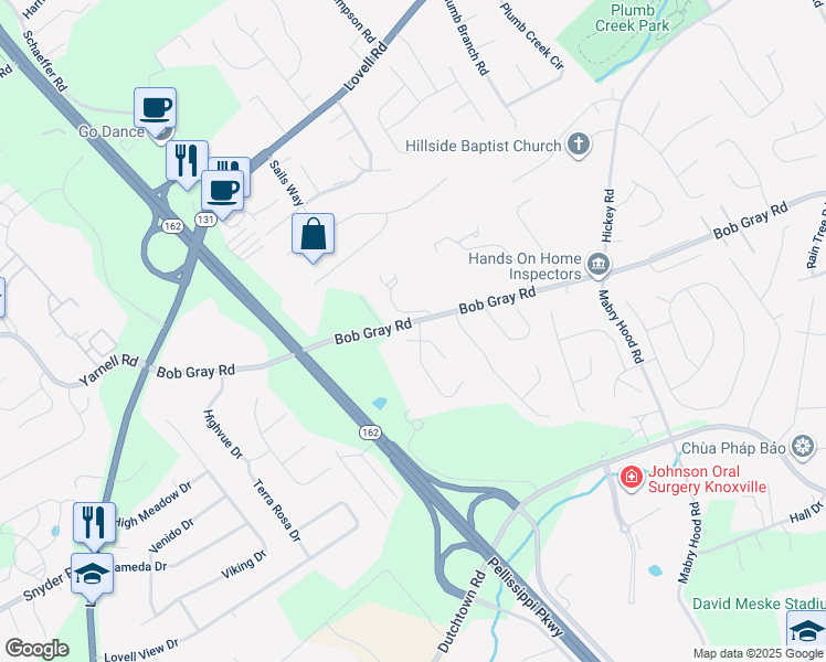map of restaurants, bars, coffee shops, grocery stores, and more near 1136 Winterberry Lane in Knoxville