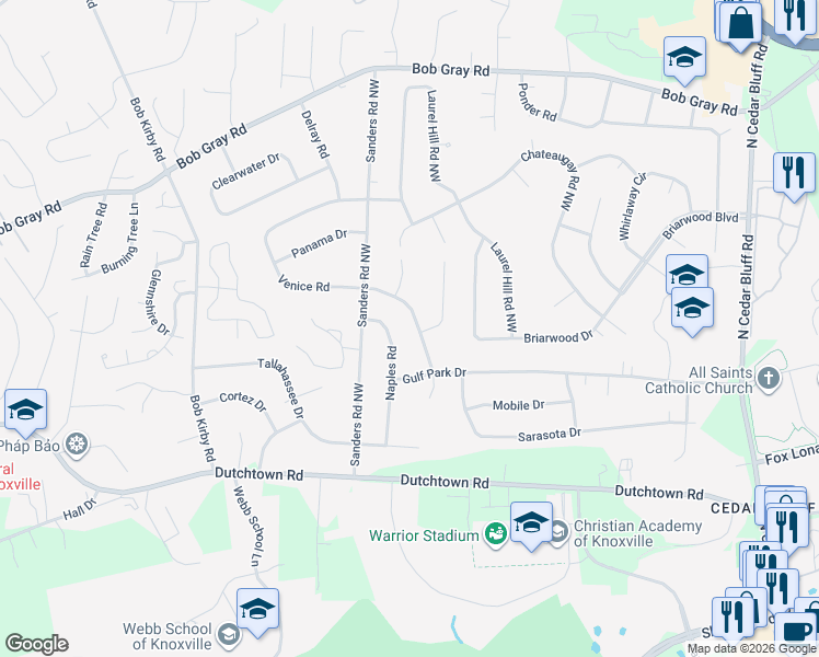 map of restaurants, bars, coffee shops, grocery stores, and more near 921 Venice Road Northwest in Knoxville