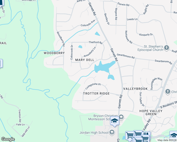 map of restaurants, bars, coffee shops, grocery stores, and more near 4205 Swarthmore Road in Durham