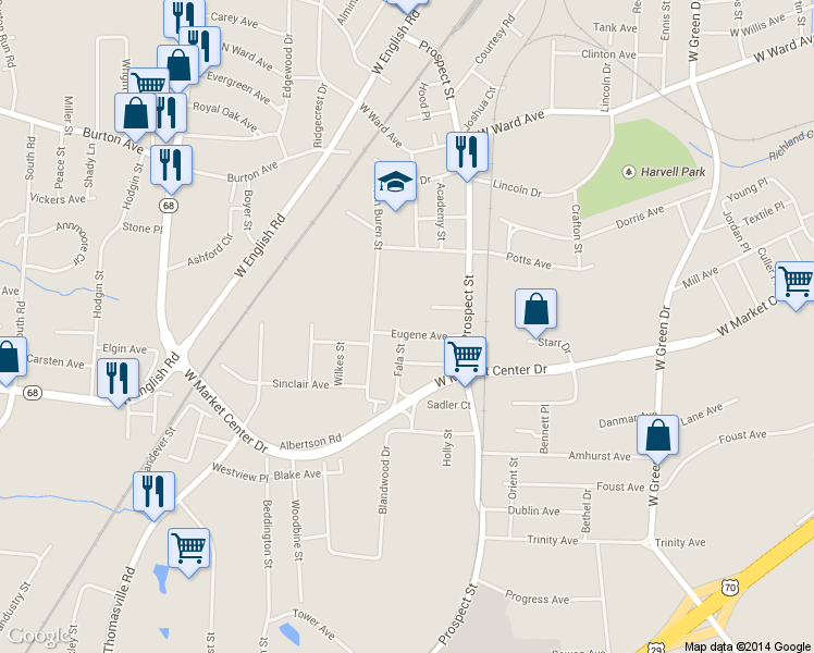 map of restaurants, bars, coffee shops, grocery stores, and more near 1616 Eugene Avenue in High Point