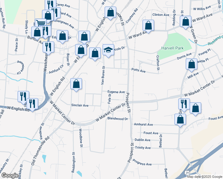 map of restaurants, bars, coffee shops, grocery stores, and more near 1616 Eugene Avenue in High Point