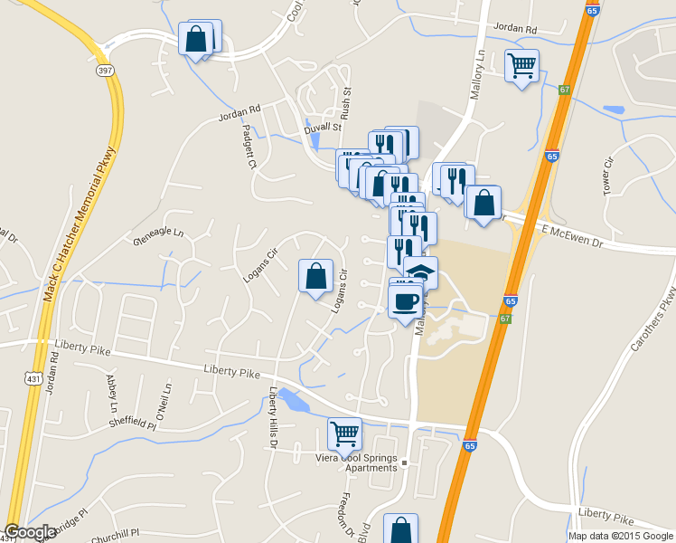 map of restaurants, bars, coffee shops, grocery stores, and more near 368 Logans Circle in Franklin