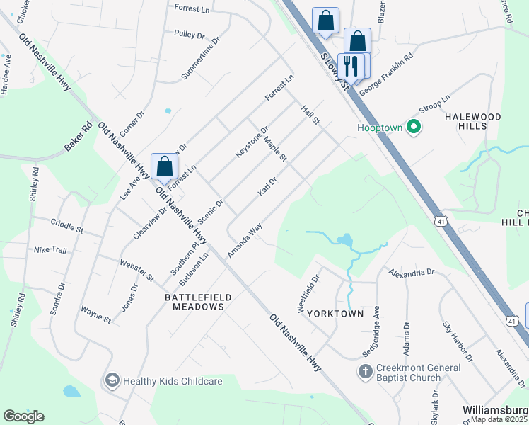 map of restaurants, bars, coffee shops, grocery stores, and more near 6515 Amanda Way in Murfreesboro