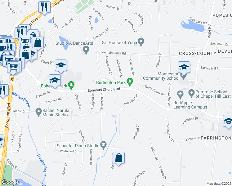 map of restaurants, bars, coffee shops, grocery stores, and more near 112 Lynwood Place in Chapel Hill