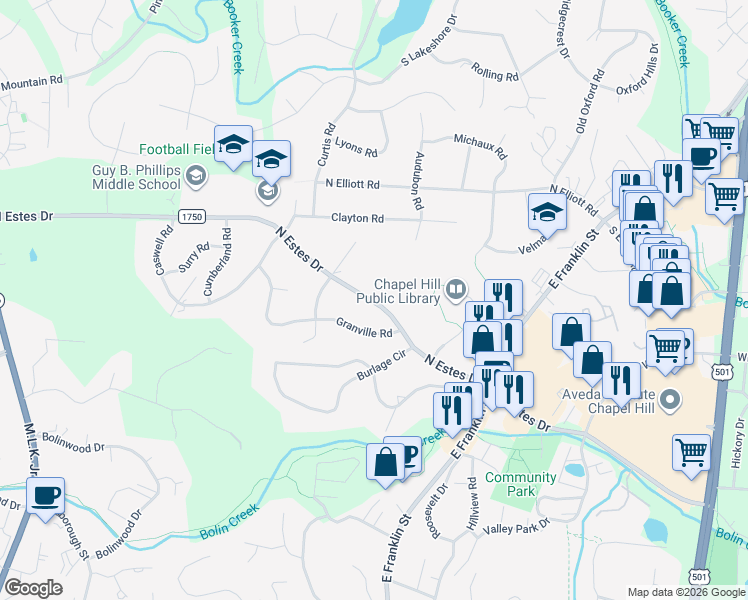 map of restaurants, bars, coffee shops, grocery stores, and more near 310 State Road 1750 in Chapel Hill