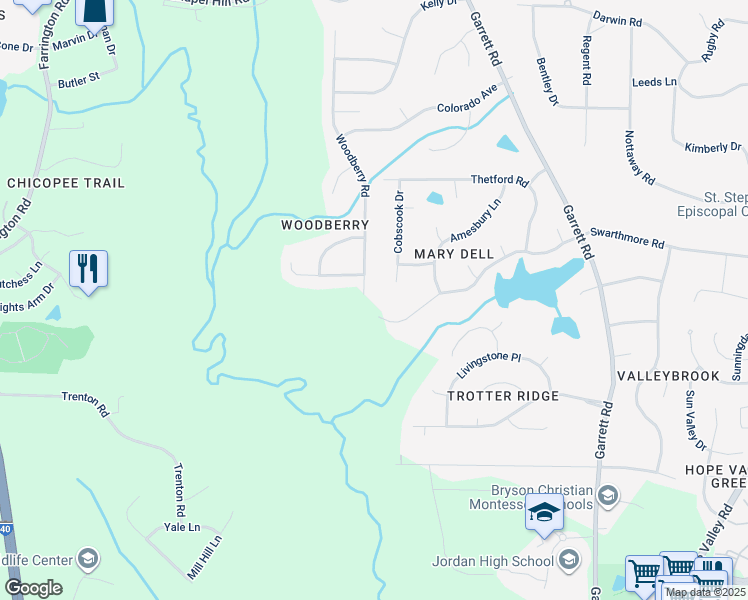 map of restaurants, bars, coffee shops, grocery stores, and more near 6015 Woodberry Road in Durham
