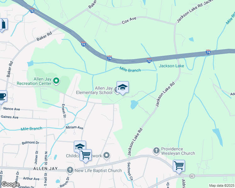 map of restaurants, bars, coffee shops, grocery stores, and more near 1311 East Springfield Road in High Point