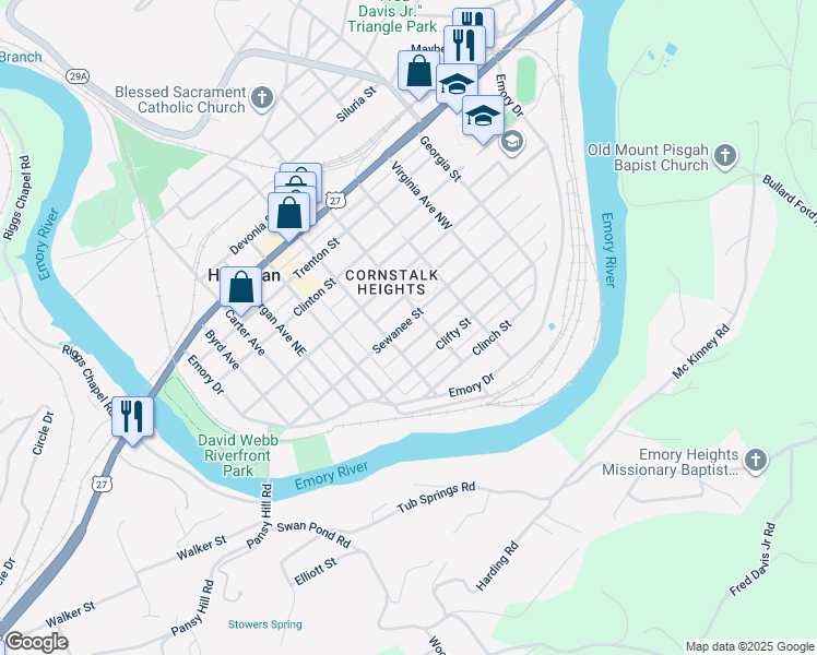 map of restaurants, bars, coffee shops, grocery stores, and more near 518 Sewanee Street in Harriman