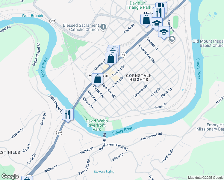 map of restaurants, bars, coffee shops, grocery stores, and more near 430 Morgan Avenue Northeast in Harriman