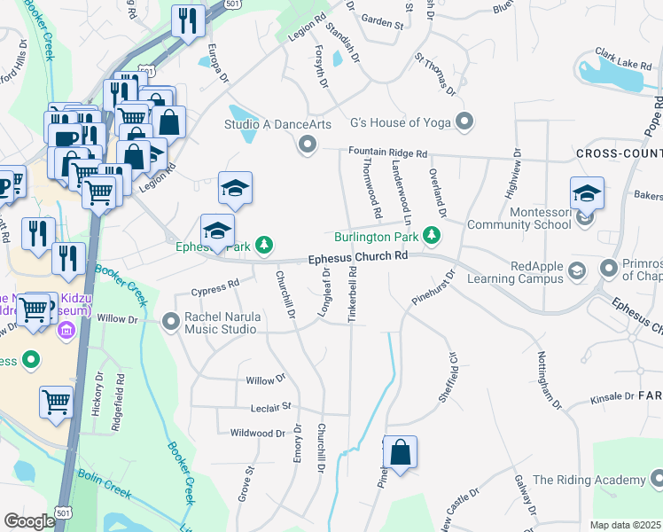 map of restaurants, bars, coffee shops, grocery stores, and more near 601 Longleaf Drive in Chapel Hill