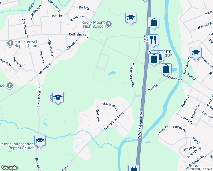 map of restaurants, bars, coffee shops, grocery stores, and more near 1331 Echo Lake Lane in Rocky Mount