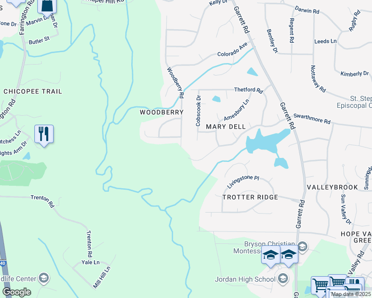 map of restaurants, bars, coffee shops, grocery stores, and more near 6015 Woodberry Road in Durham