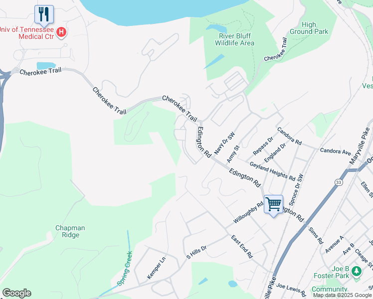 map of restaurants, bars, coffee shops, grocery stores, and more near 4101 Highland Crest Way in Knoxville