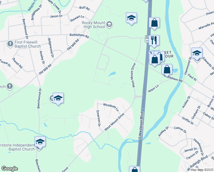 map of restaurants, bars, coffee shops, grocery stores, and more near 1331 Echo Lake Lane in Rocky Mount